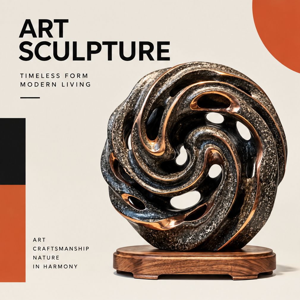 CELORM Spiral Harmony Stone Sculpture with dark openwork curves, warm metallic accents, and a brown display base.
