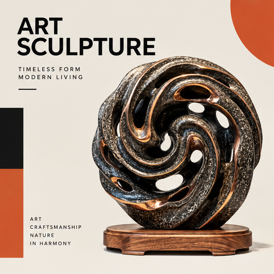 CELORM Spiral Harmony Stone Sculpture with dark openwork curves, warm metallic accents, and a brown display base.