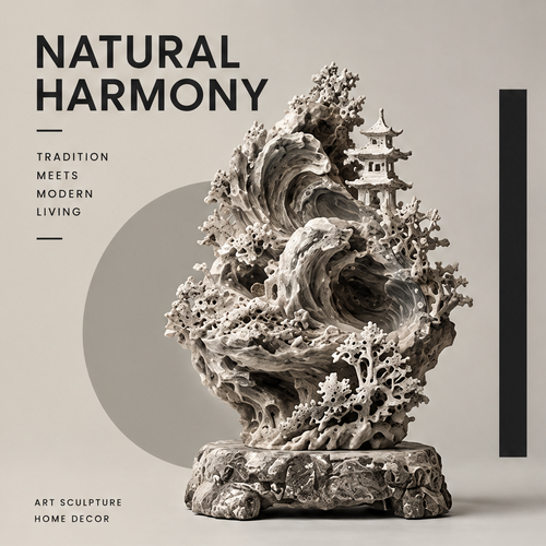 CELORM cream and gray wave and pagoda sculpture with branching details on a textured base
