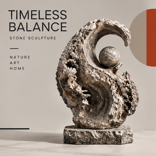 CELORM wave and sphere stone sculpture in cream, gray, and taupe on a textured rectangular base
