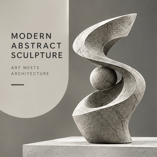 CELORM gray spiral ribbon and sphere stone sculpture with open curves and a textured surface