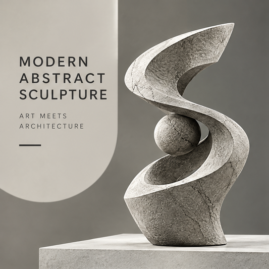 CELORM gray spiral ribbon and sphere stone sculpture with open curves and a textured surface