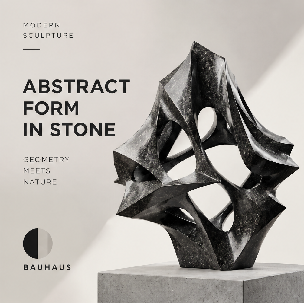 Full view of the black openwork sculpture showing intersecting angular planes and curved openings