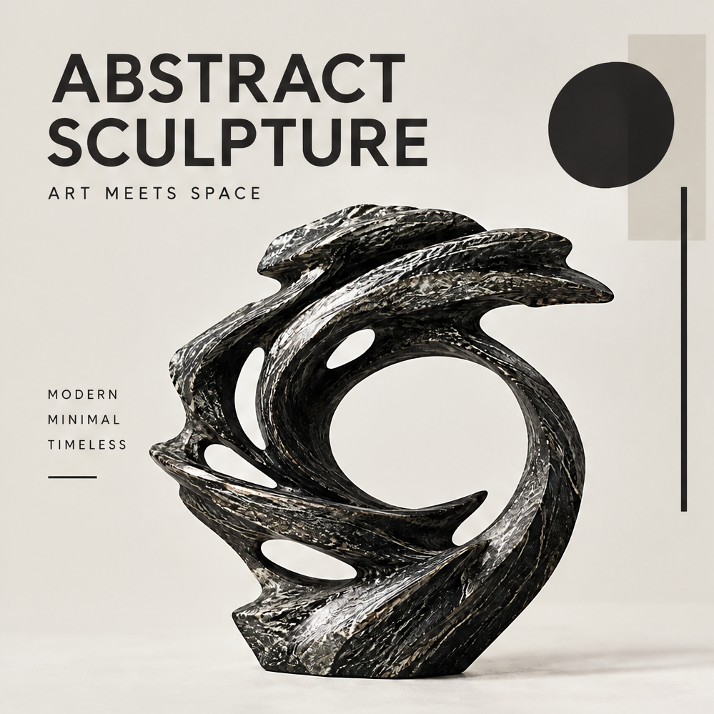 CELORM black abstract swirl sculpture with an open circular center, pale veining, and flowing contours