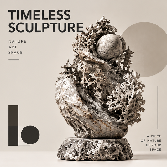 CELORM sculpture with a pale veined sphere, small pagodas, and cream branching forms on a textured base