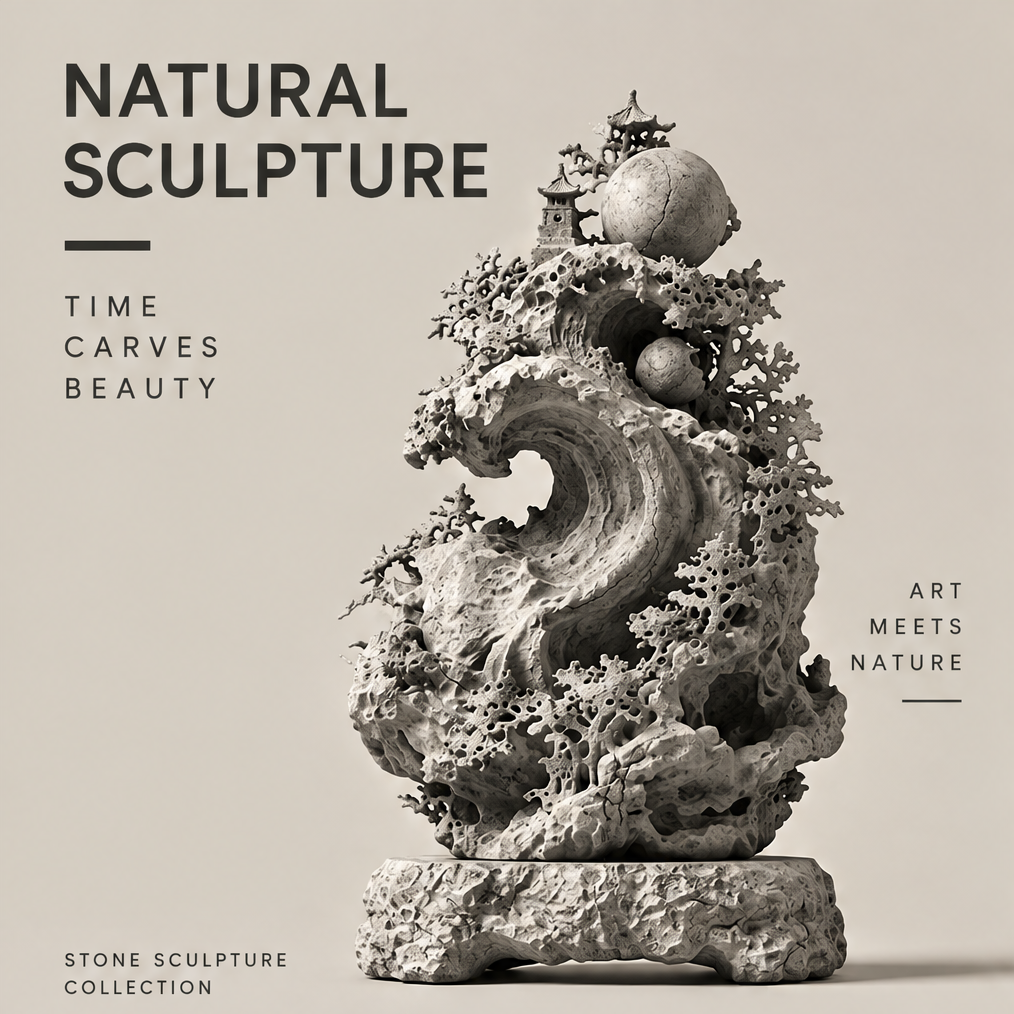 CELORM stone sculpture with two spheres, a curling wave, small pagodas, and cream-gray branching forms