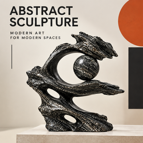 CELORM black wave and sphere sculpture with a circular opening, pale highlights, and textured flowing contours